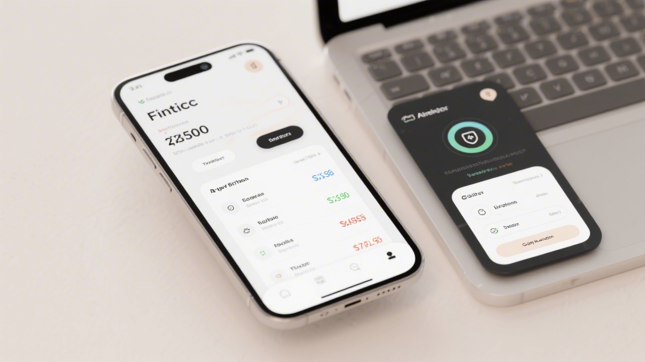 Fintech mobile app interface concept with clean transaction list, balance overview, and secure action buttons in a neutral color palette.