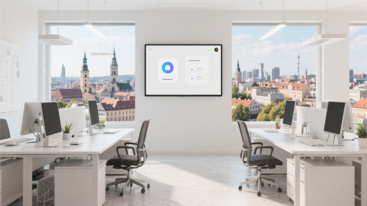 Bright modern office workspace with clean desks, a large monitor displaying a minimalist app interface, and a city view of Brno in the background.