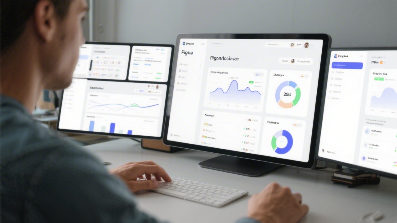 Designer working in Figma with a multi-screen prototype of a SaaS dashboard, showing clean typography and structured layout.